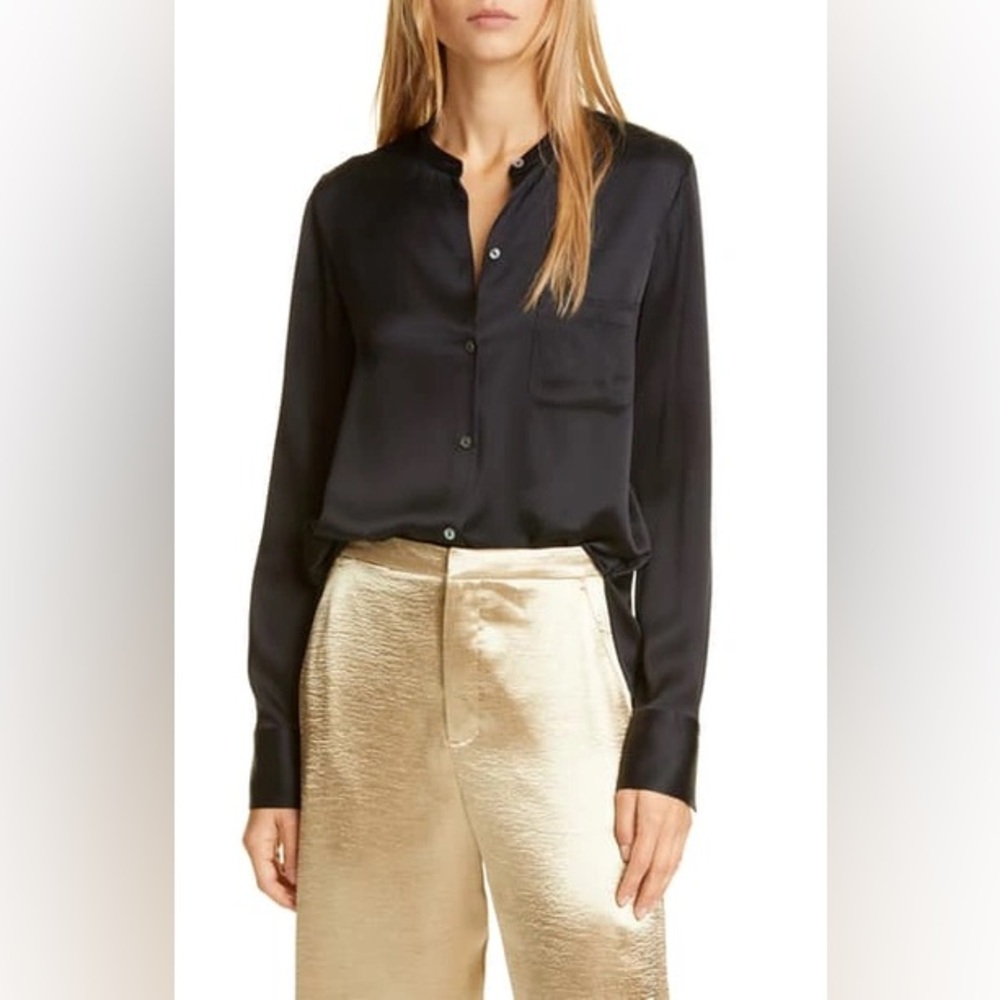 Vince Slim Fitted Band Collar Button-Down Silk Shirt